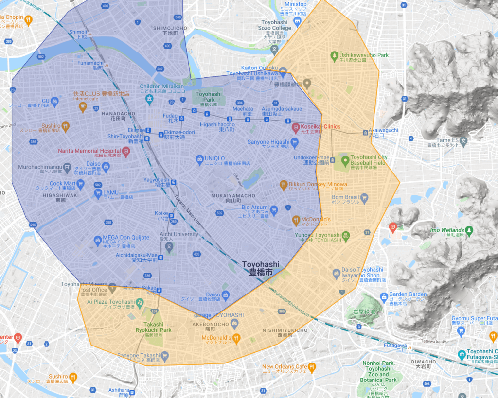 豊橋市のUber Eats(ウーバーイーツ)エリア