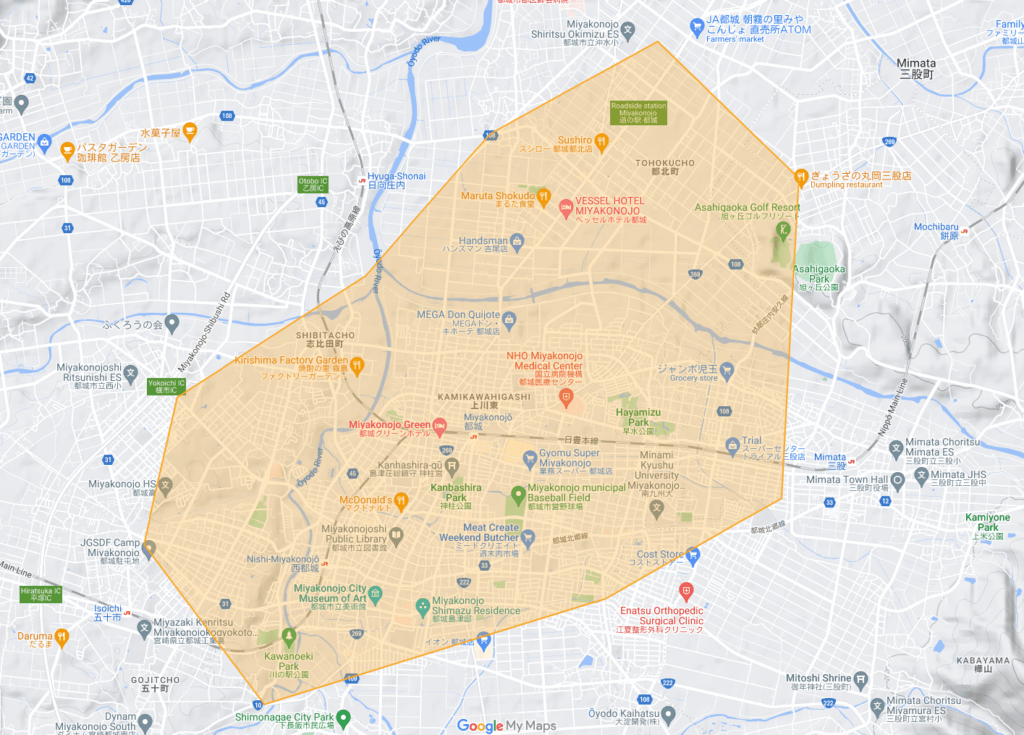 宮崎県都城市のUber Eats(ウーバーイーツ)配達エリア