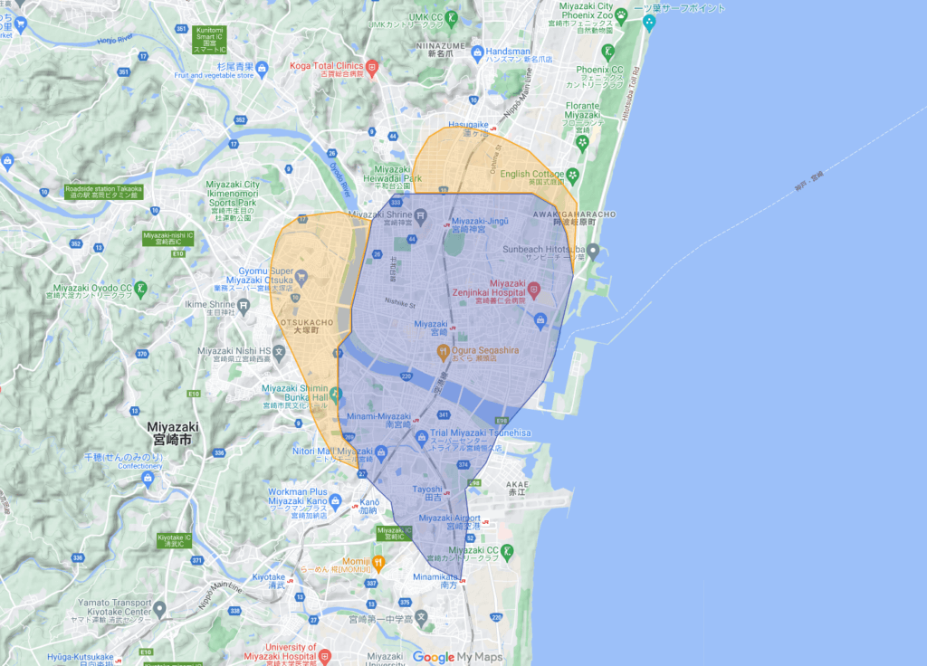 宮崎市のUber Eats(ウーバーイーツ)エリア