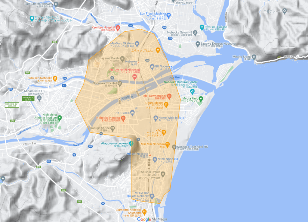 宮崎県延岡市のUber Eats(ウーバーイーツ)配達エリア