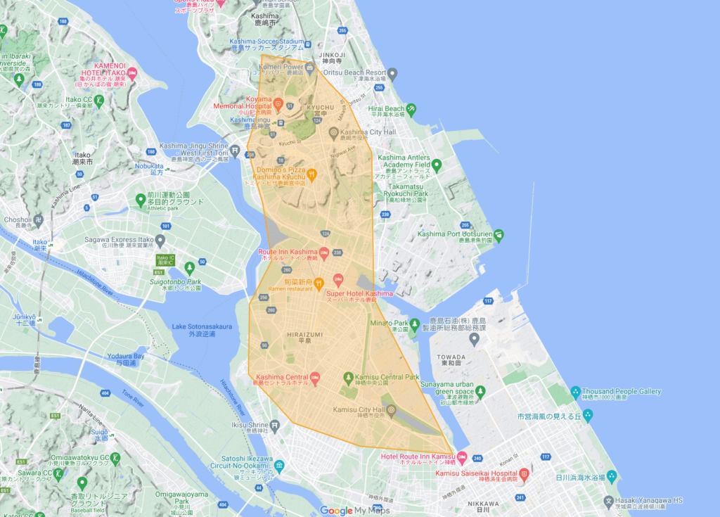 茨城県鹿嶋市・神栖市のUber Eats(ウーバーイーツ)配達エリア