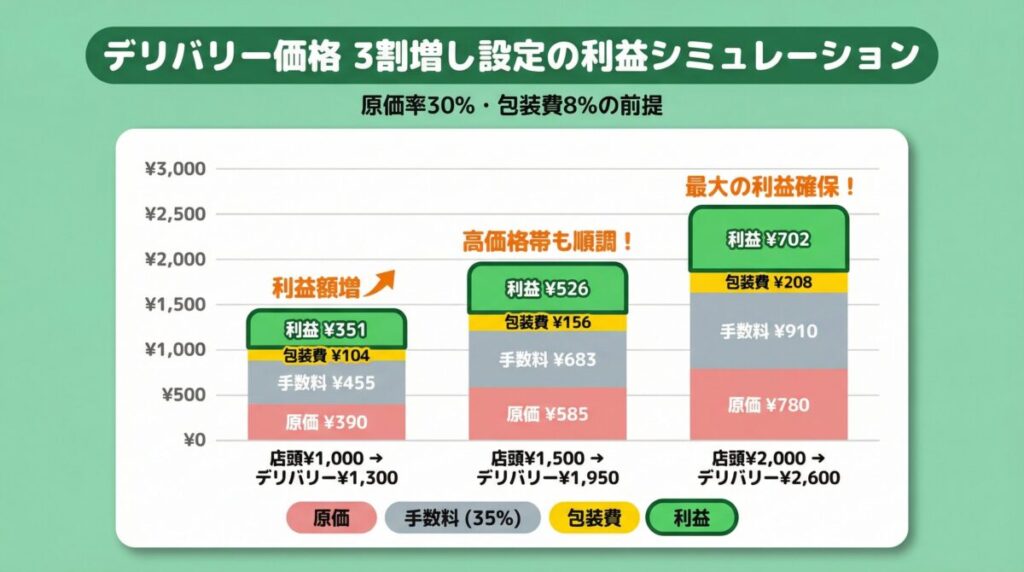 デリバリー価格を店頭の3割増しに設定した場合の利益シミュレーション。店頭1,000円で利益351円、1,500円で526円、2,000円で702円。客単価が上がるほど利益額も増加。