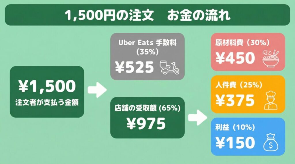 Uber Eats（ウーバーイーツ）の手数料フロー図。1,500円の注文における収益分配図。