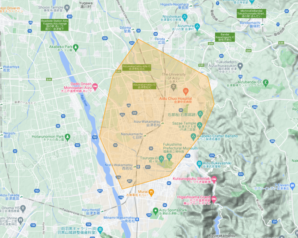 福島県会津若松市の（ウーバーイーツ）エリア