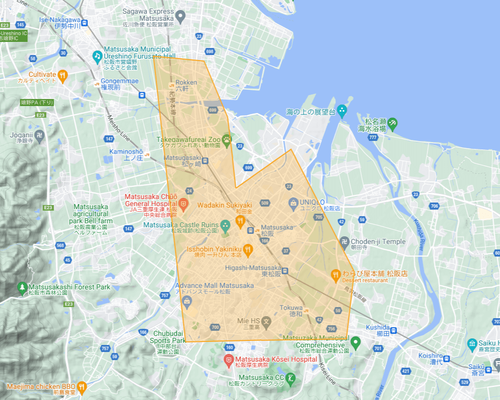 三重県松阪市のUber Eats（ウーバーイーツ）エリア