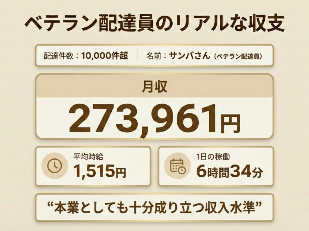 1万件以上配達したベテラン配達員・サンバさんの月収は273,961円(時給1,515円)。
