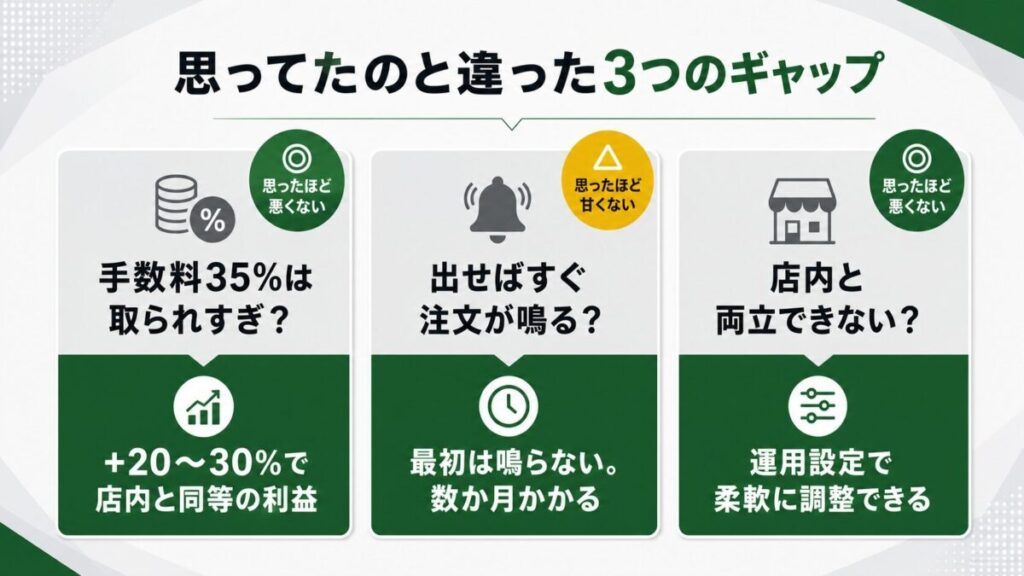Uber Eats加盟店になって「思ってたのと違った」3つのギャップを整理した比較カード
