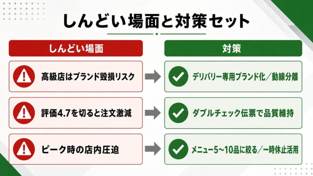 Uber Eats加盟店で「正直しんどい」と感じる3つの場面と、それぞれの対策を整理した比較図