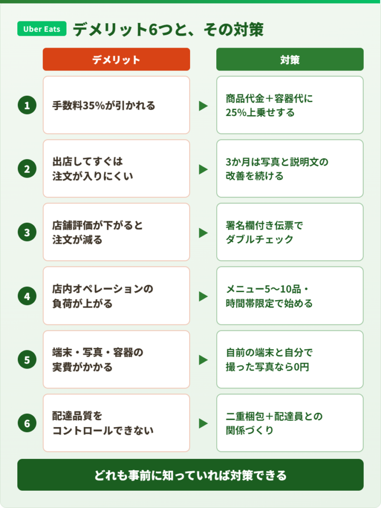 飲食店から見たUber Eats(ウーバーイーツ)のデメリット6つと、それぞれの対策を対応させた一覧図
