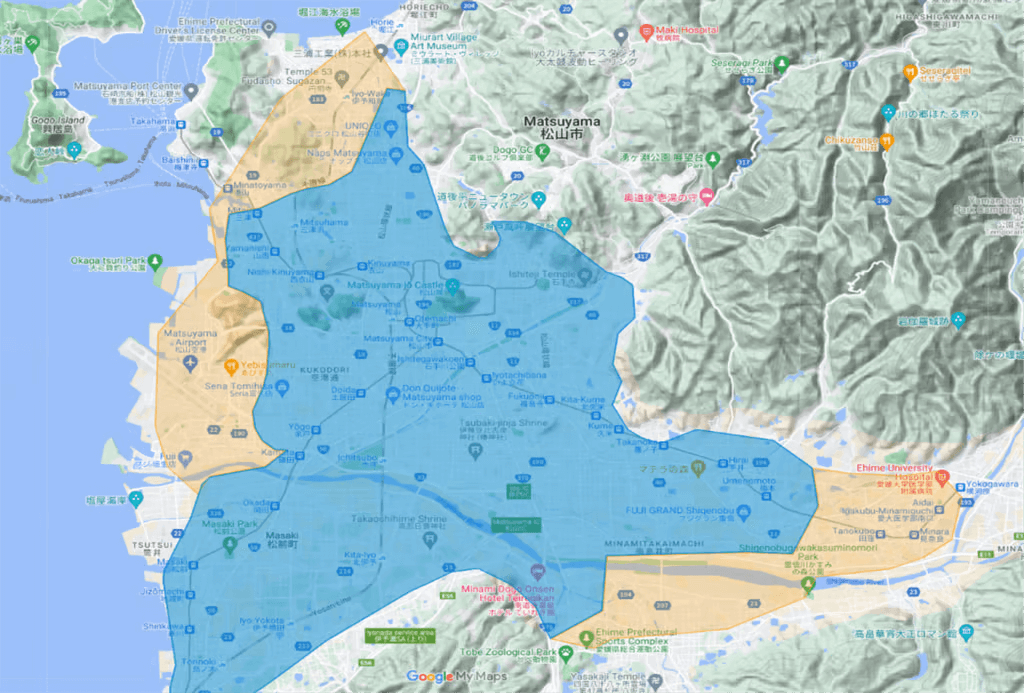 愛媛県松山市のUber Eats(ウーバーイーツ)エリア