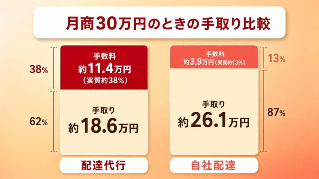 出前館の配達代行と自社配達で月商30万円の手取りを比較した棒グラフ(手数料と手取りの内訳)