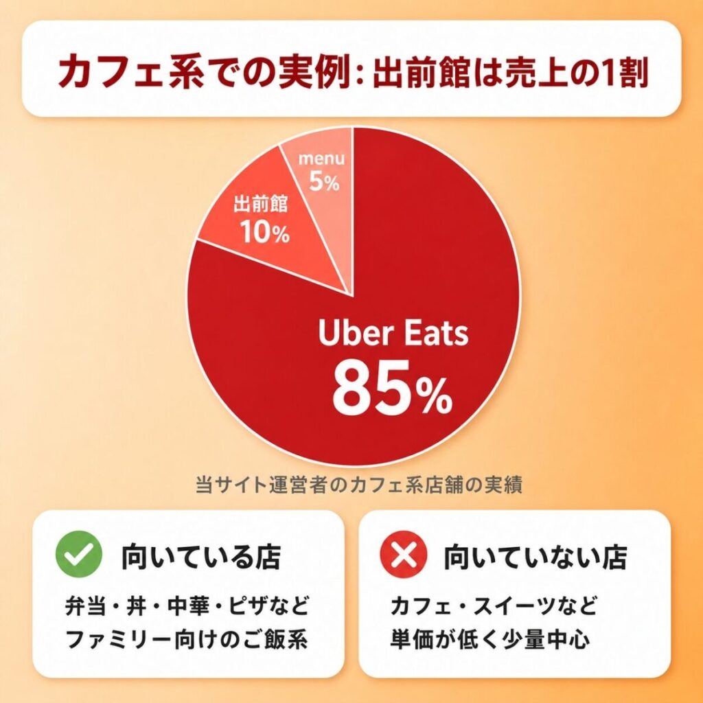 実店舗での出前館・Uber Eats・menuの売上比率と、出前館の出店が向く店・向かない店を示した図
