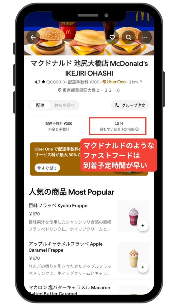 マクドナルドのようなファストフードは到着予定時間が早い