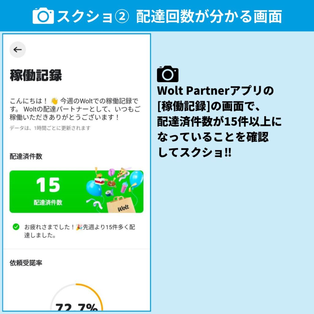 Wolt(ウォルト)配達員の紹介キャンペーン報酬を獲得する方法②配達回数が分かる画面