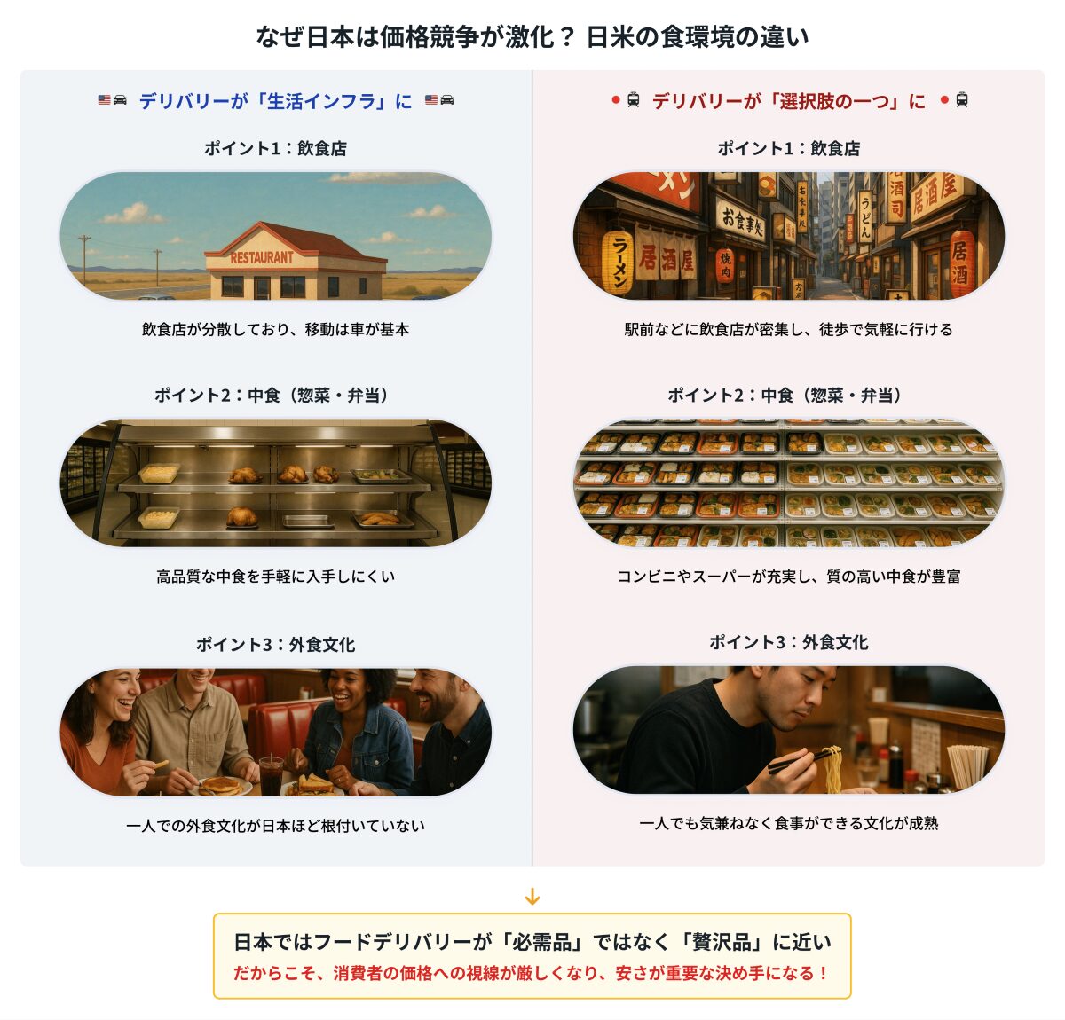 なぜ日本のフードデリバリーは価格競争が激化するのか？日本とアメリカの食環境の違い。
