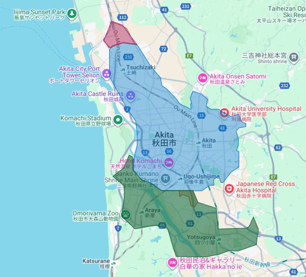 秋田市のUber Eats（ウーバーイーツ）配達エリア