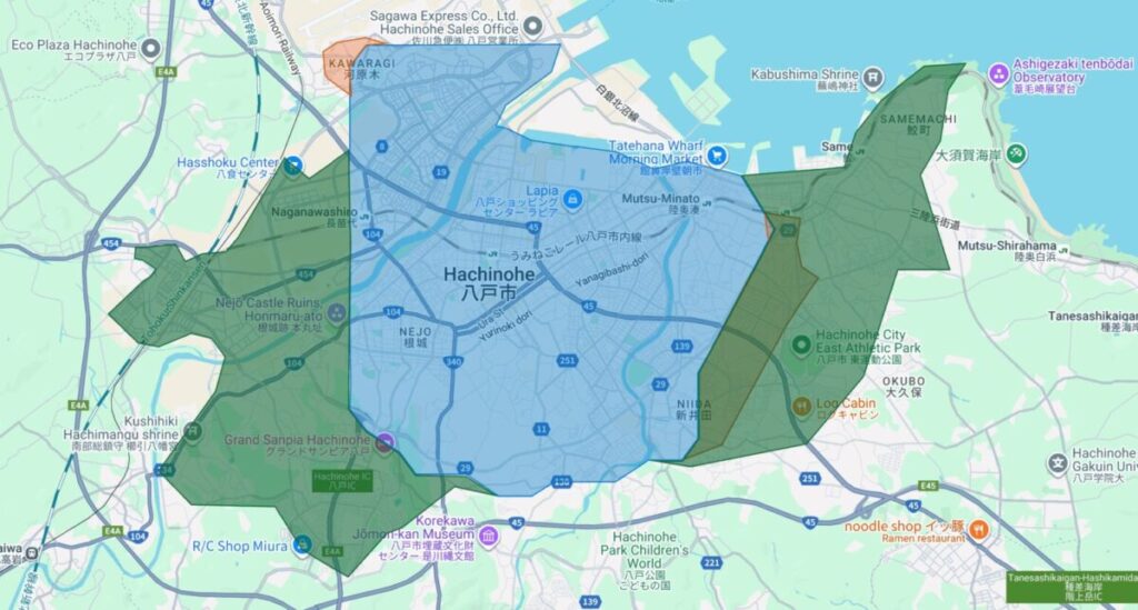 青森県八戸市のUber Eats配達エリア