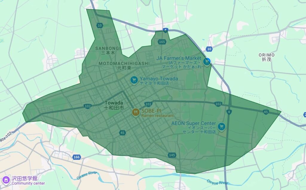 青森県十和田市のUber Eats（ウーバーイーツ）配達エリア