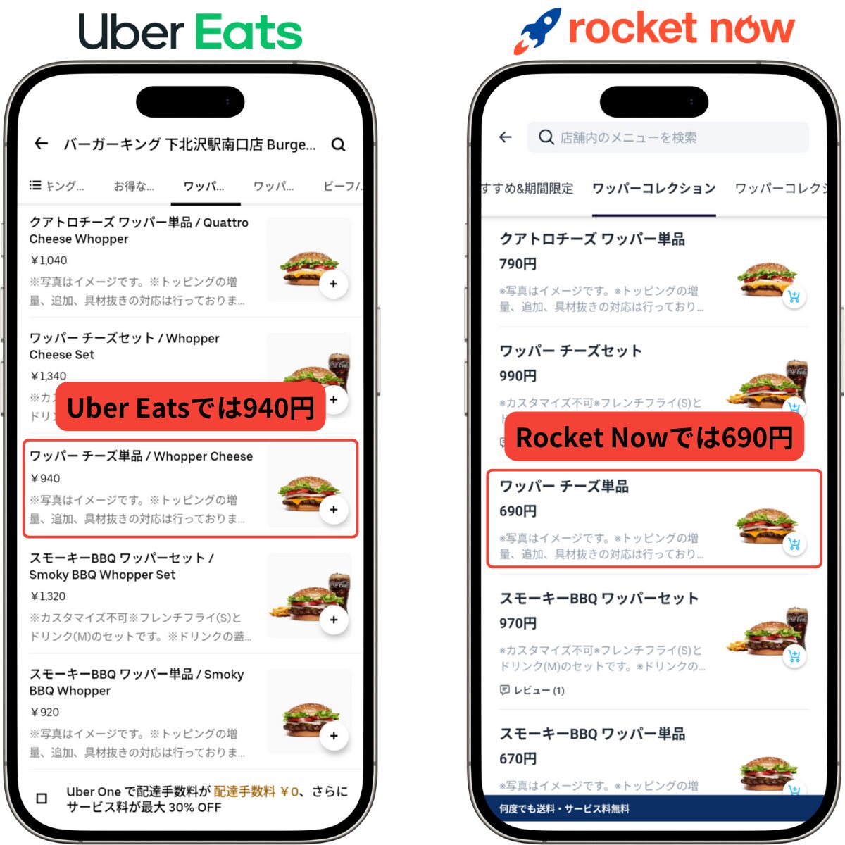 バーガーキングの「ワッパーチーズ」は、Uber East（ウーバーイーツ）では940円で、ロケットナウでは店舗と同じ690円で販売してること分かるように画面を比較。