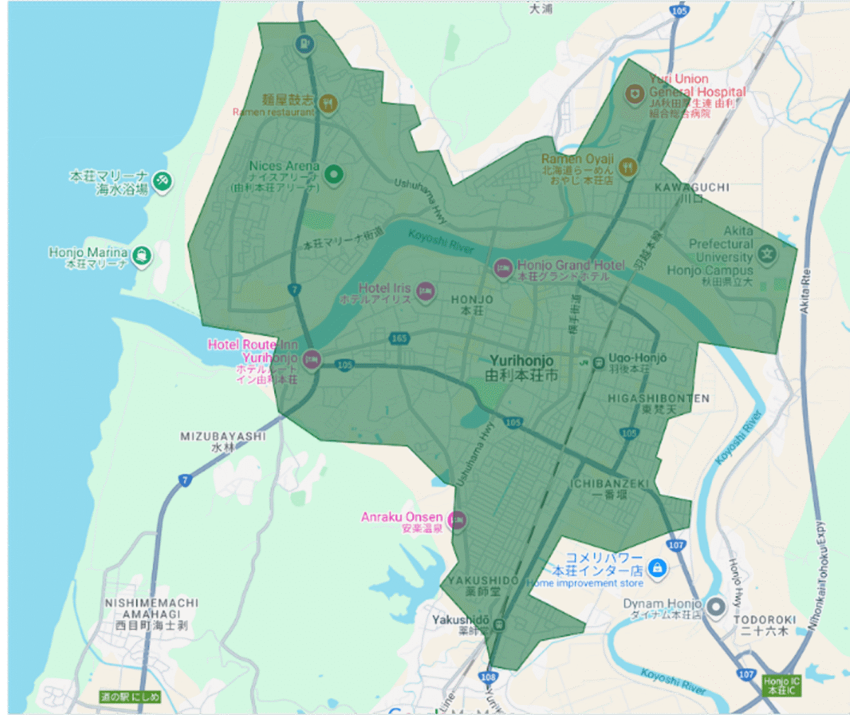 由利本荘市のUber Eats（ウーバーイーツ）配達エリア