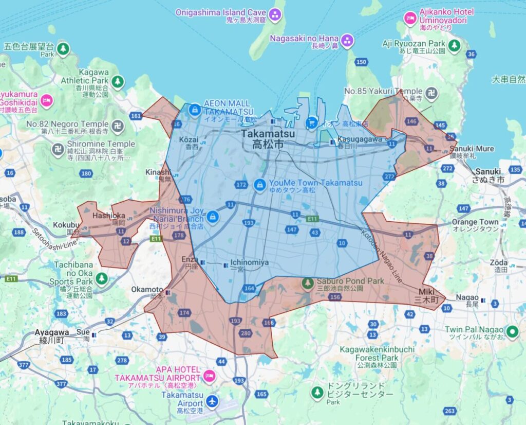 香川県高松市のUber Eats(ウーバーイーツ)の配達エリア