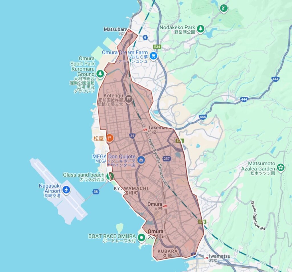 長崎県大村市のUber Eats(ウーバーイーツ)配達エリア