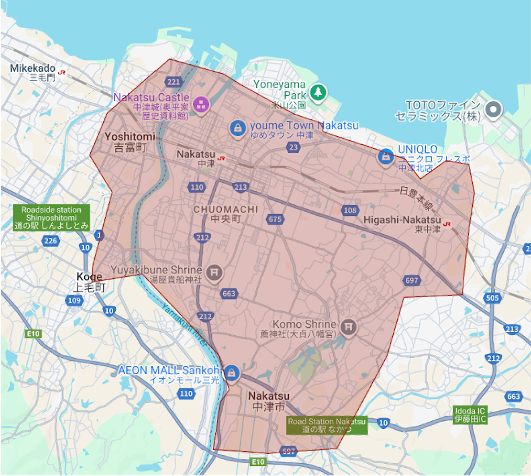 大分県中津市のUber Eats（ウーバーイーツ）配達エリア