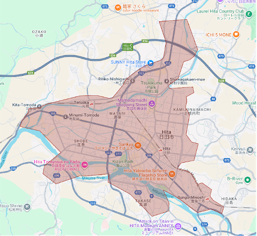 大分県日田市のUber Eats（ウーバーイーツ）配達エリア