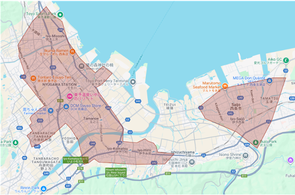 愛媛県西条市のUber Eats（ウーバーイーツ）配達エリア