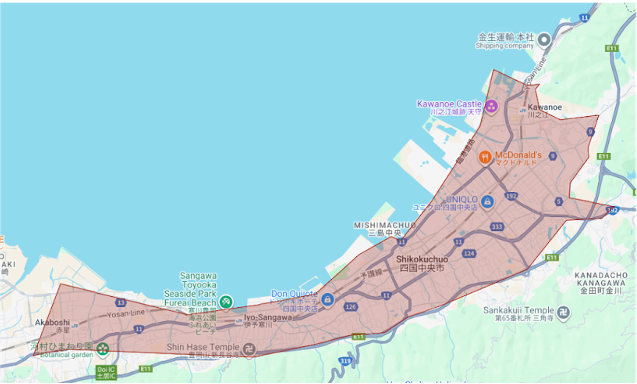 愛媛県四国中央市のUber Eats（ウーバーイーツ）配達エリア