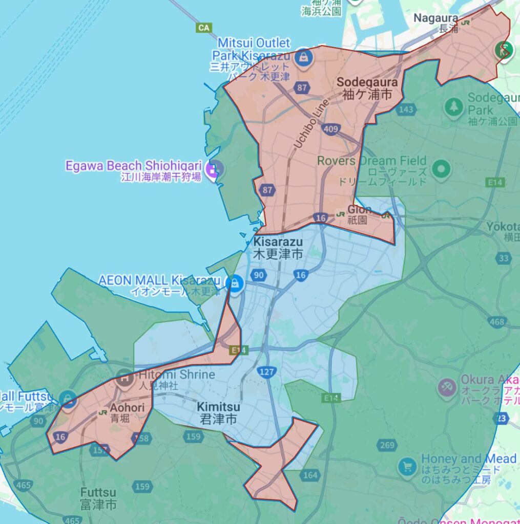 袖ケ浦市・木更津市・君津市・富津市のUber Eats配達エリア