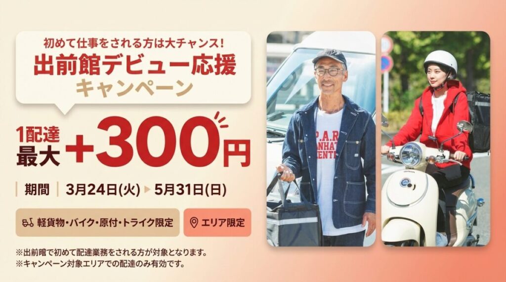 出前館の配達員登録で、配達1件あたりの報酬が最大300円増額されるキャンペーンの案内バナー。
