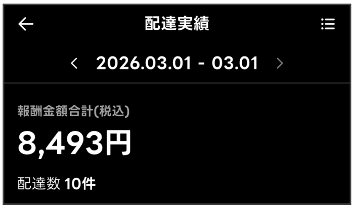 出前館配達員アプリの売上実績画面(2026年3月1日)。配達報酬4,000円・インセンティブ4,493円。