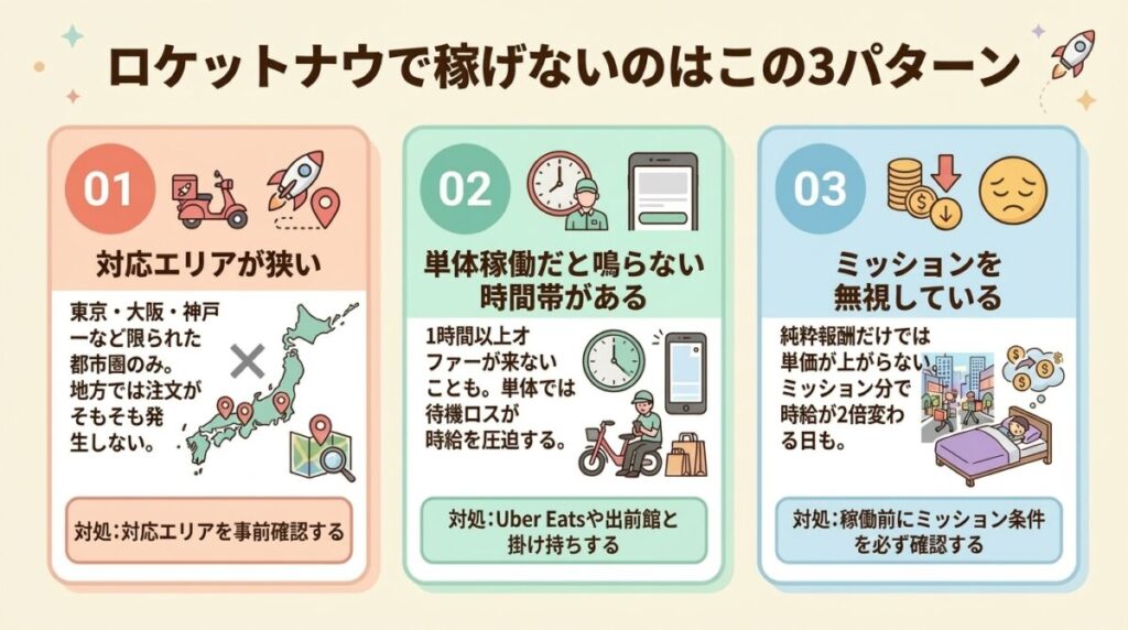 Rocket Now（ロケットナウ）で稼げない3つの理由を整理した比較カード。