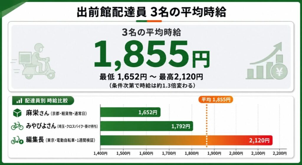 出前館配達員3名の平均時給1,855円のインフォグラフィック。最低1,652円〜最高2,120円の内訳付き