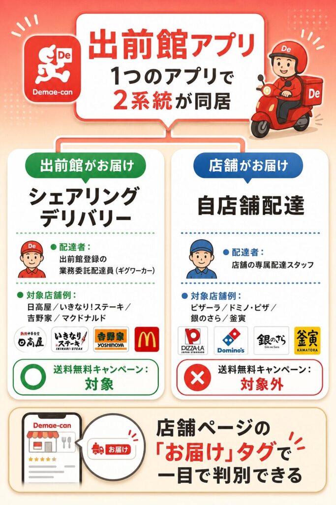 出前館アプリの2種類の配達方式(シェアリングデリバリー/自店舗配達)の仕組みと見分け方を解説した図