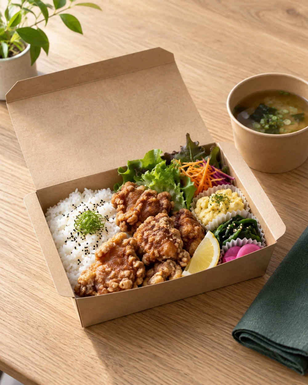 デリバリー用の容器に盛り付けた料理のイメージ
