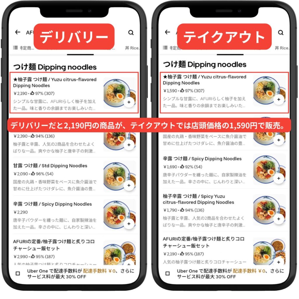 Uber Eatsのデリバリーとテイクアウトの料金比較