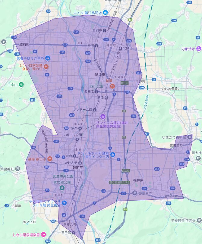 越前市・鯖江市のUber Eats(ウーバーイーツ)配達エリア