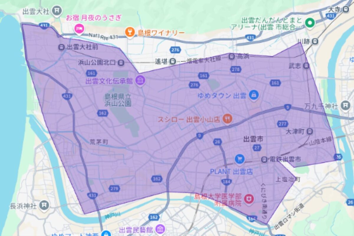 島根県出雲市のUber Eats(ウーバーイーツ)配達エリア