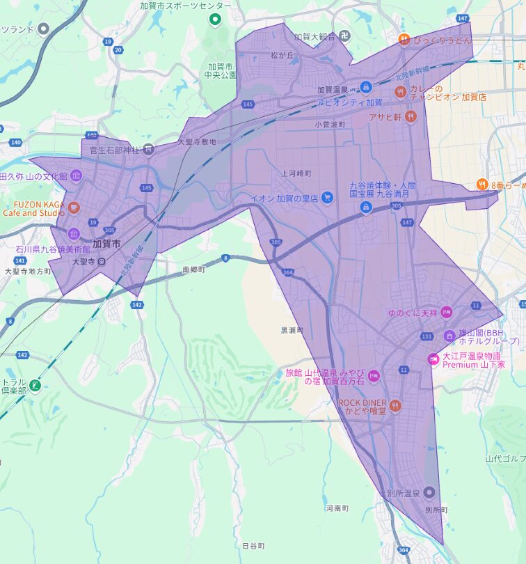 石川県加賀市のUber Eats(ウーバーイーツ)配達エリア