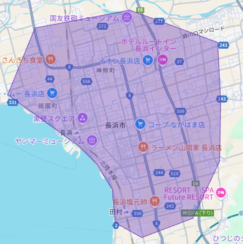 滋賀県長浜市のUber Eats(ウーバーイーツ)配達エリア
