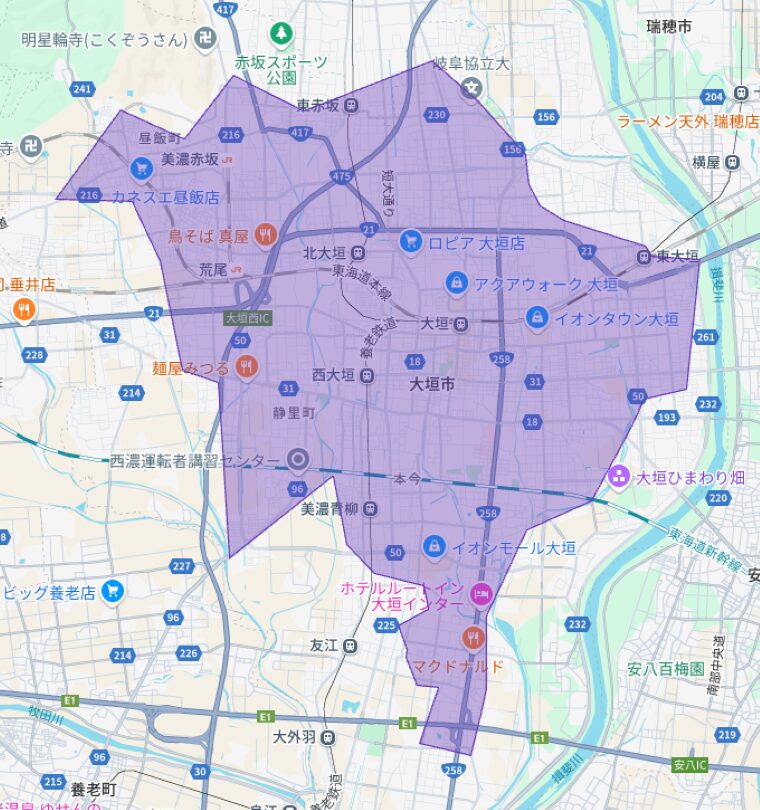 岐阜県大垣市のUber Eats(ウーバーイーツ)配達エリア