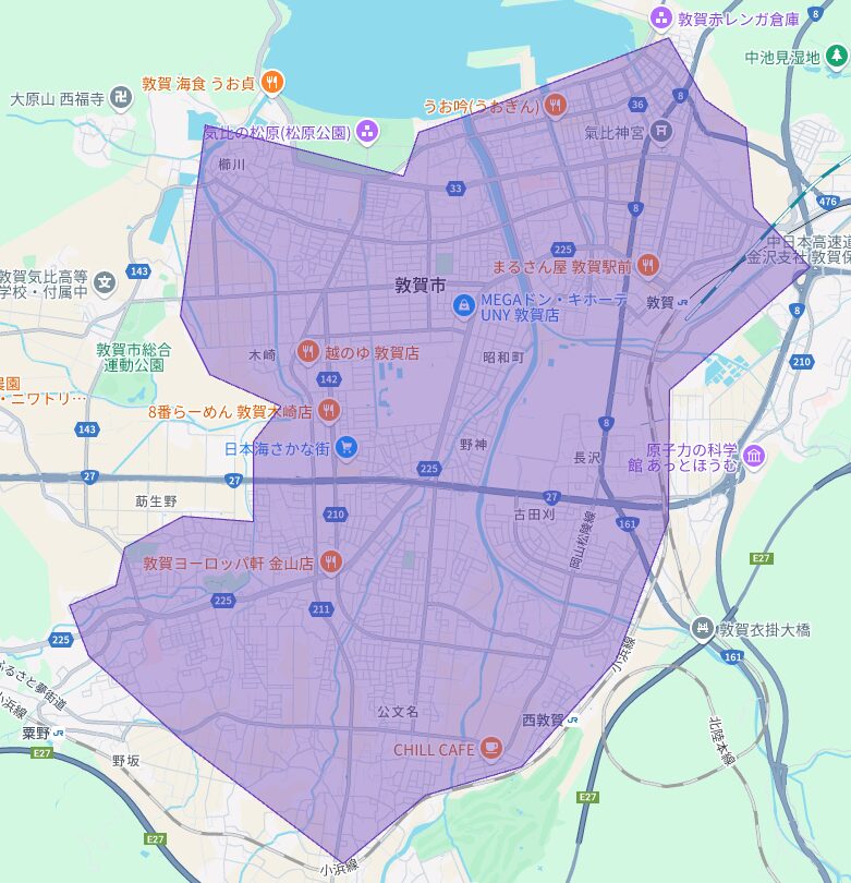敦賀市のUber Eats(ウーバーイーツ)配達エリア