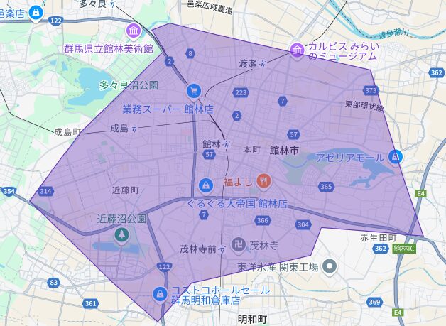 館林市のUber Eats(ウーバーイーツ)配達エリア