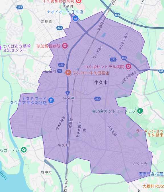 牛久市のUber Eats(ウーバーイーツ)配達エリア