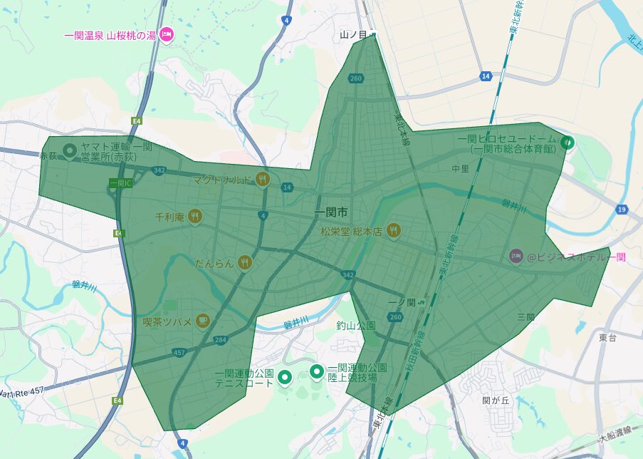 岩手県一関市のUber Eats(ウーバーイーツ)配達エリア