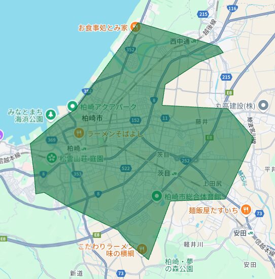 新潟県柏崎市のUber Eats(ウーバーイーツ)配達エリア