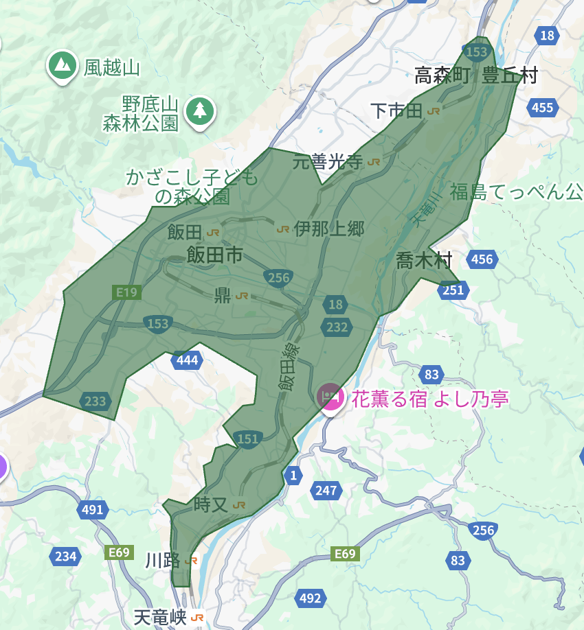 飯田市のUber Eats(ウーバーイーツ)配達エリア