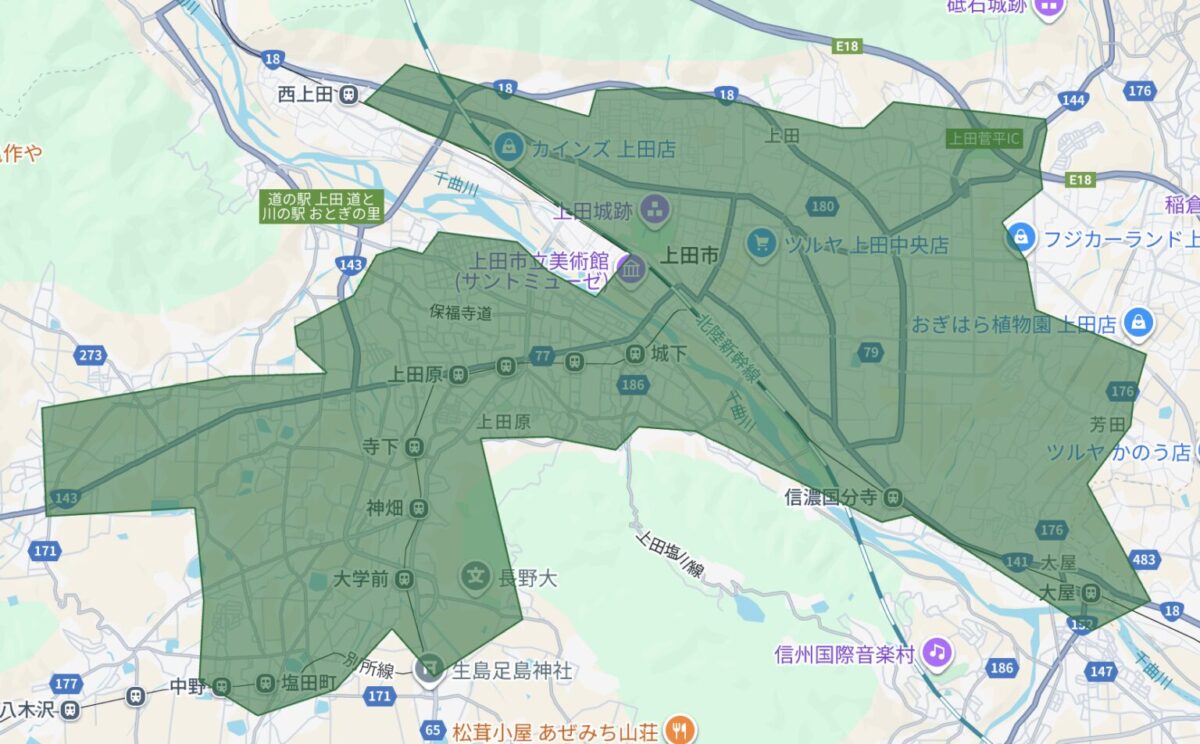 上田市のUber Eats(ウーバーイーツ)配達エリア